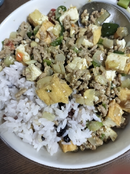 ご飯に乗せて丼にも♡厚揚げとセロリのガパオ風炒め