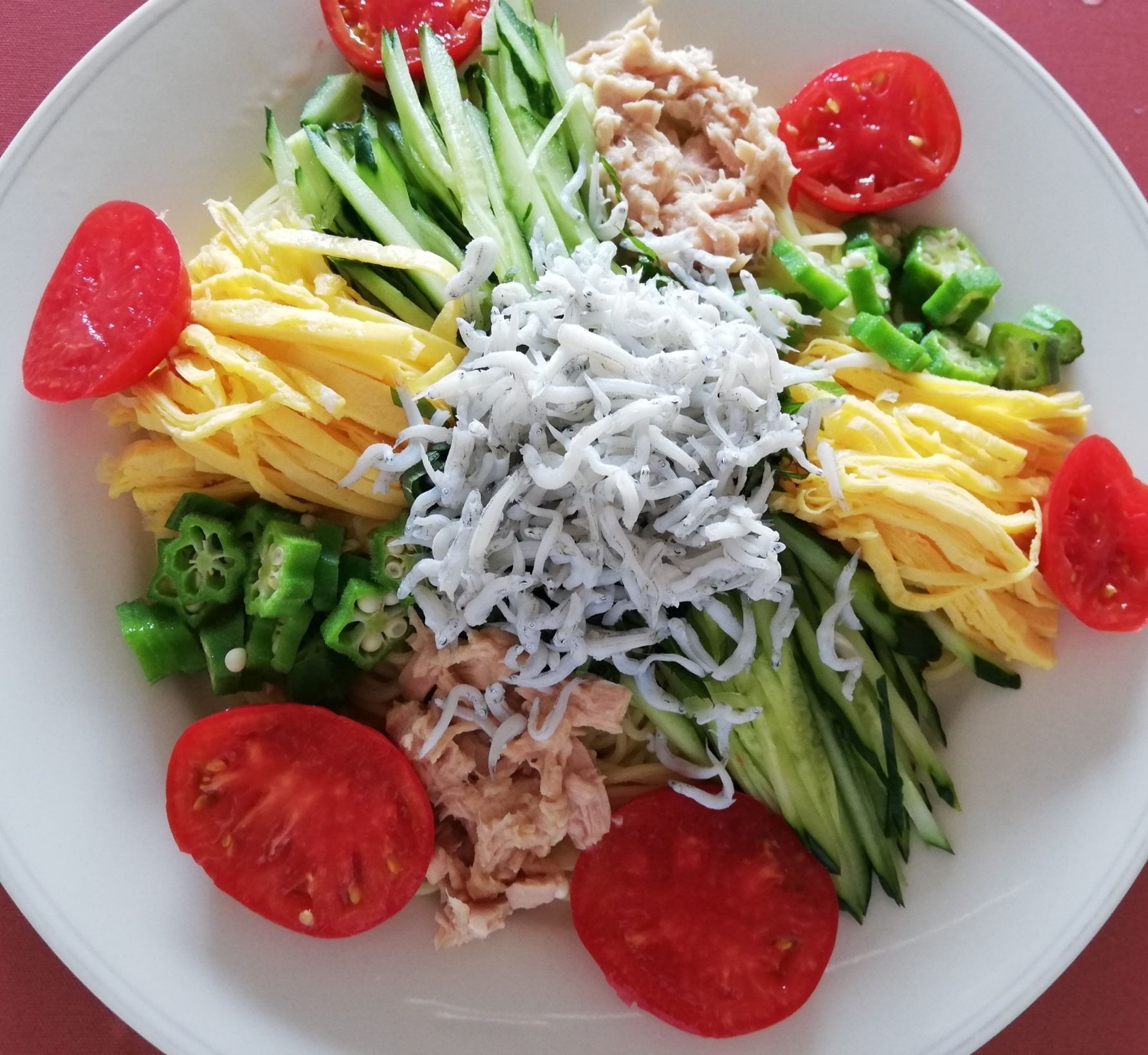 しらすと、シーチキン、卵と夏野菜冷麺