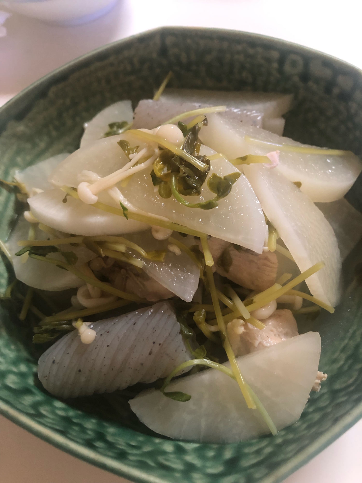 豆苗 こんにゃく えのき 鶏胸肉 大根の煮物