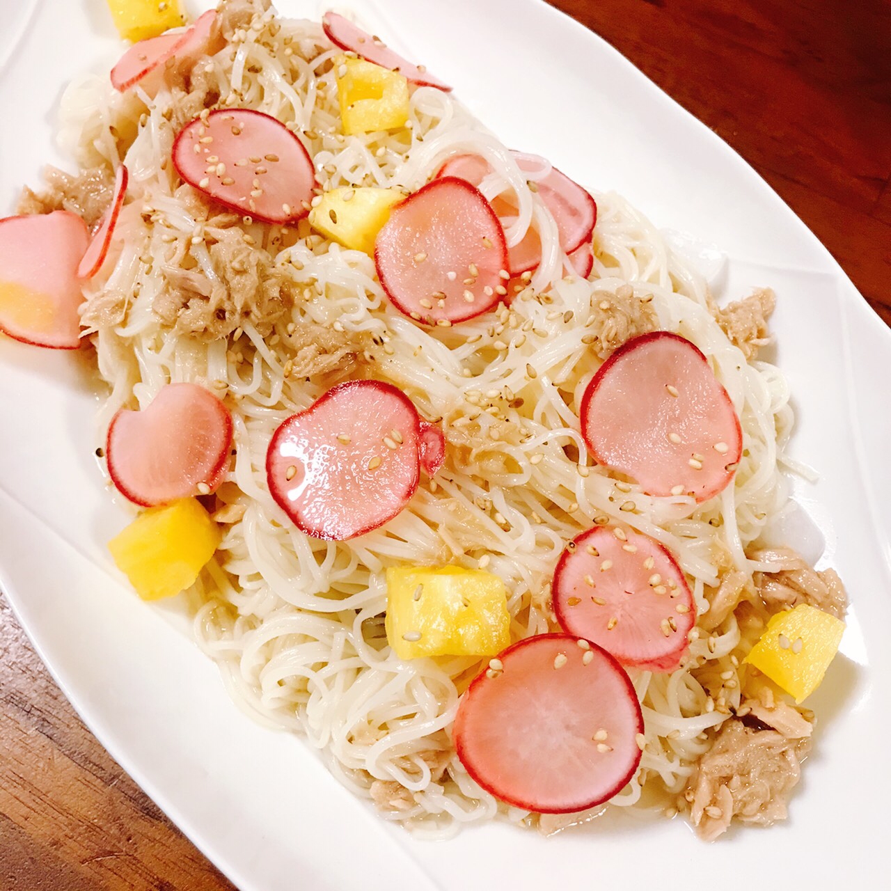 素麺パスタ〜ツナとラディッシュとパイナップル