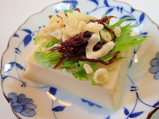 マヨかけて　水菜と昆布佃煮と天かすの卵豆腐