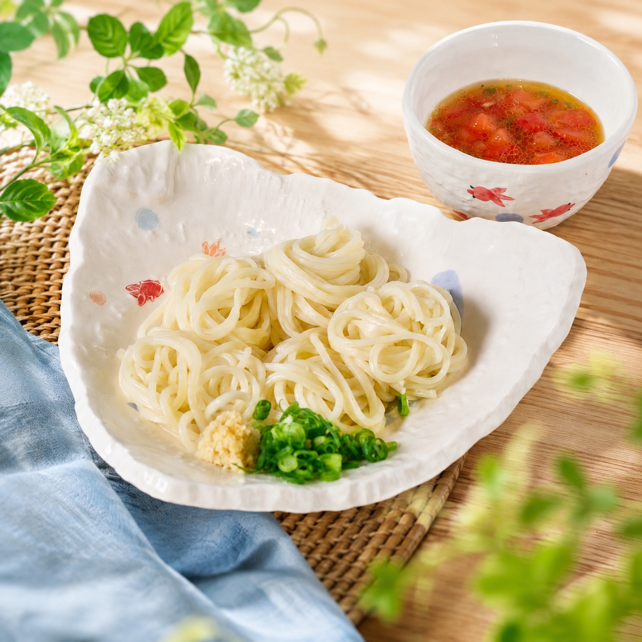 ひやむぎのトマトバジル風つけ汁