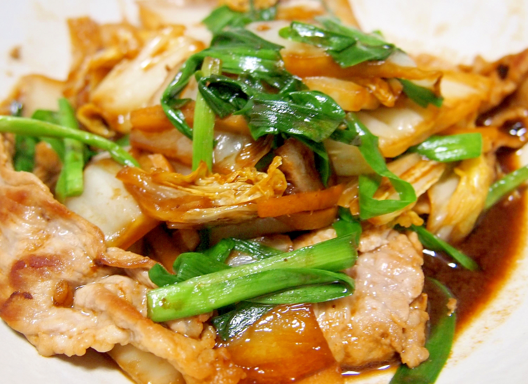 豚と白菜とニラの味噌オイスター炒め