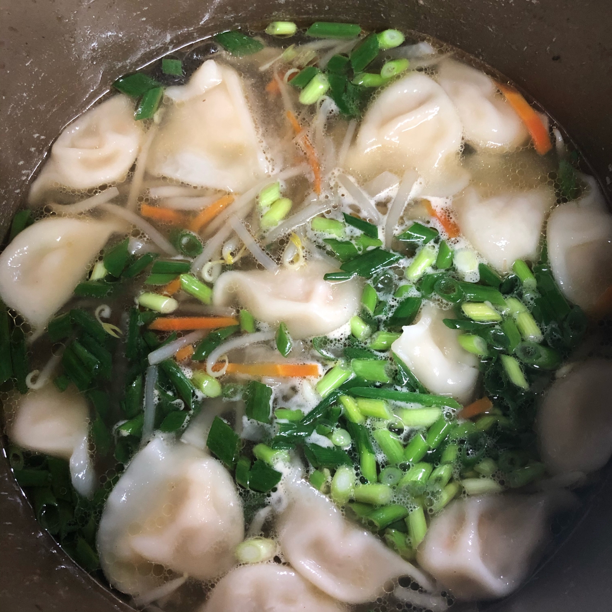 冷凍庫の野菜たっぷり、簡単水餃子スープ
