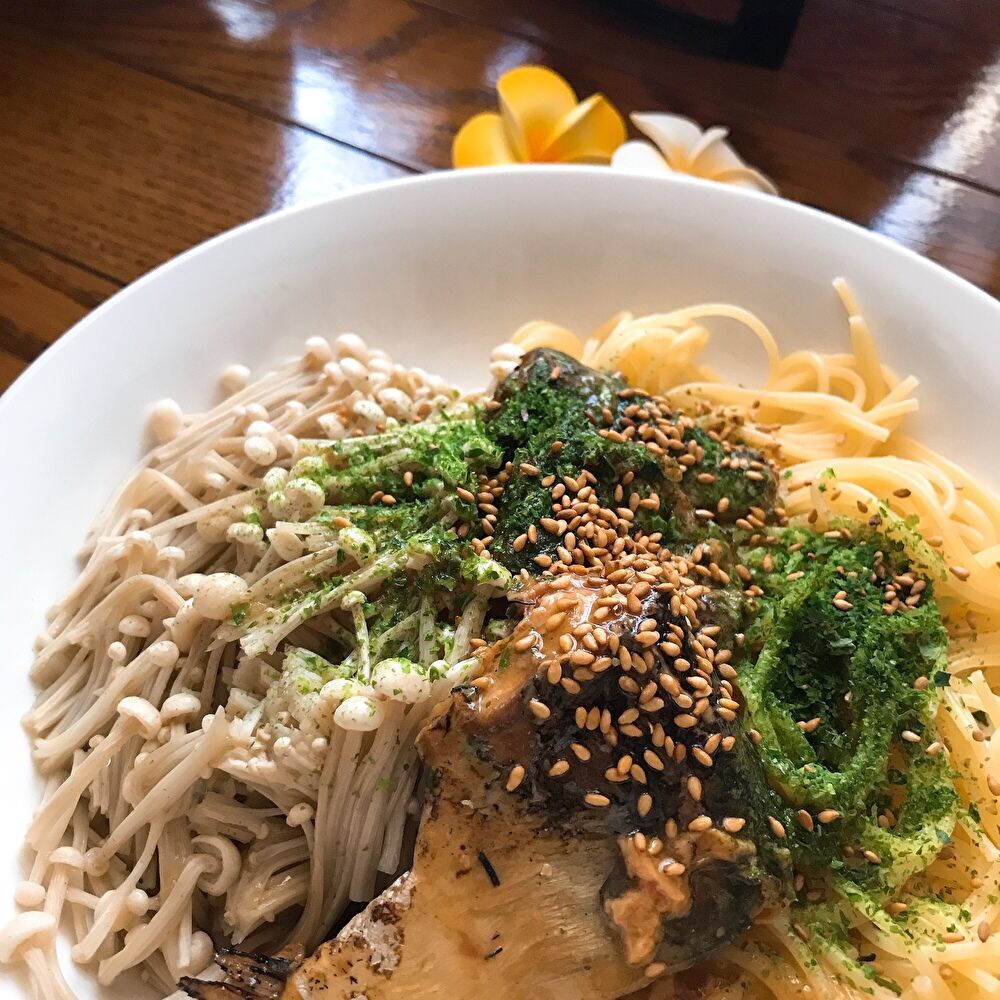 パスタ＊えのき&サバ缶照り焼き味