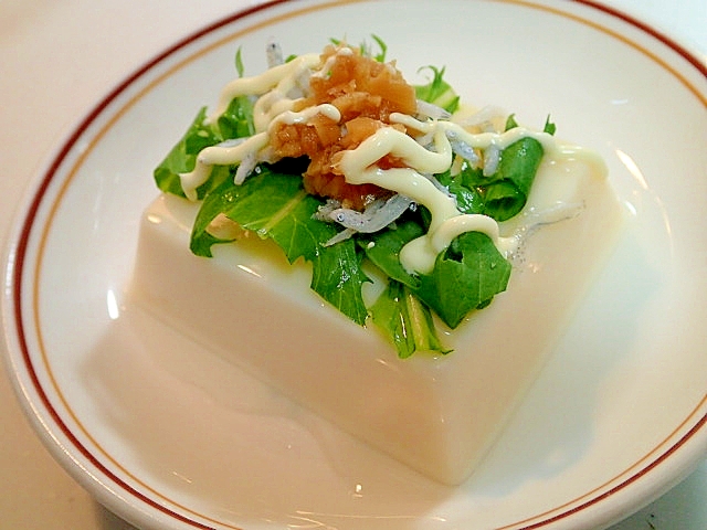 水菜としらすとおかず生姜の卵豆腐