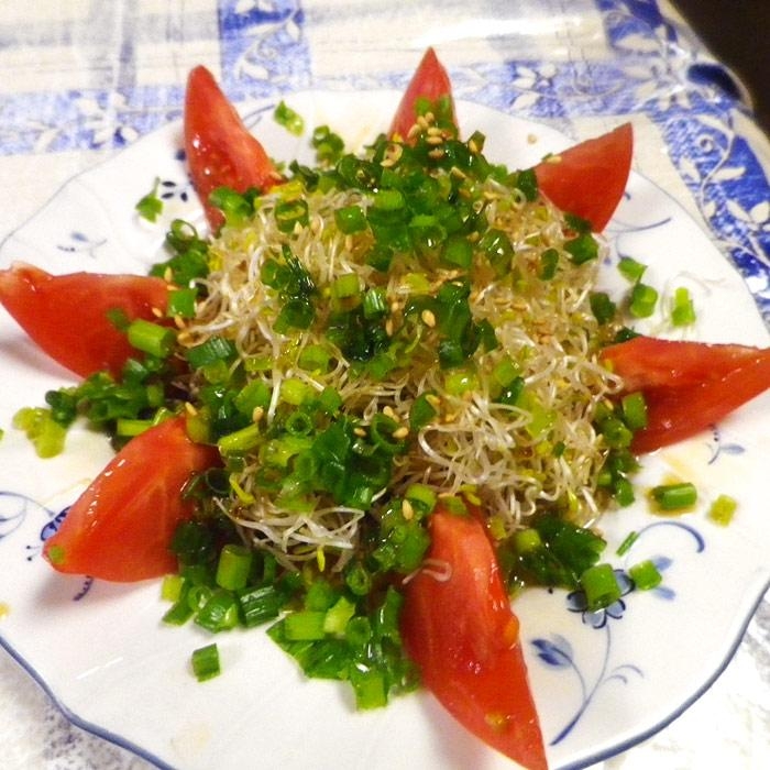 アルファルファトマトのシンプルネギ黒酢サラダ