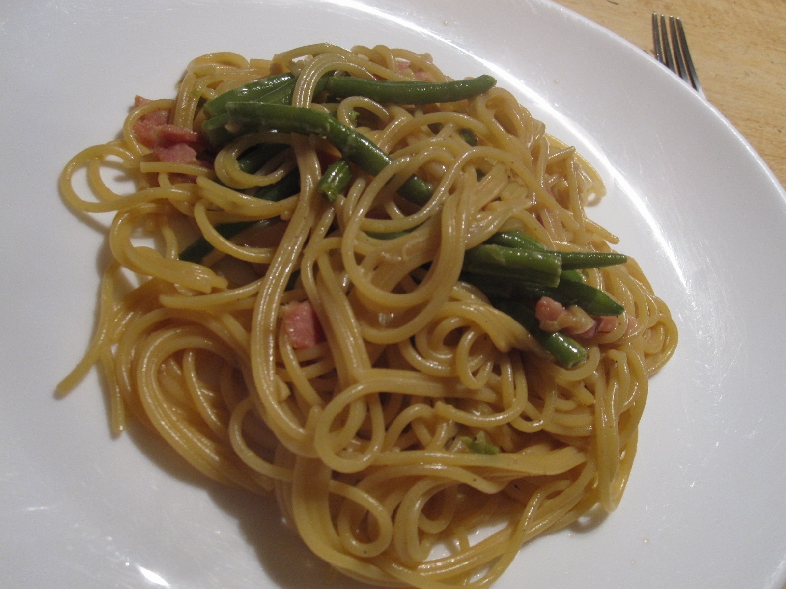 ベーコンとさやいんげんの和風クリームスパゲッティ