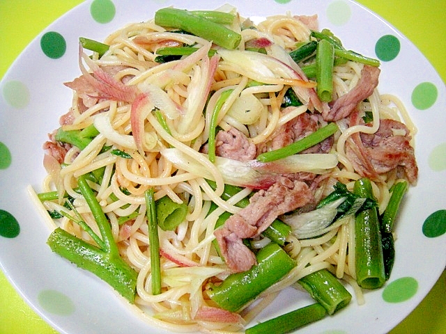 空芯菜と豚肉みょうがの和風パスタ