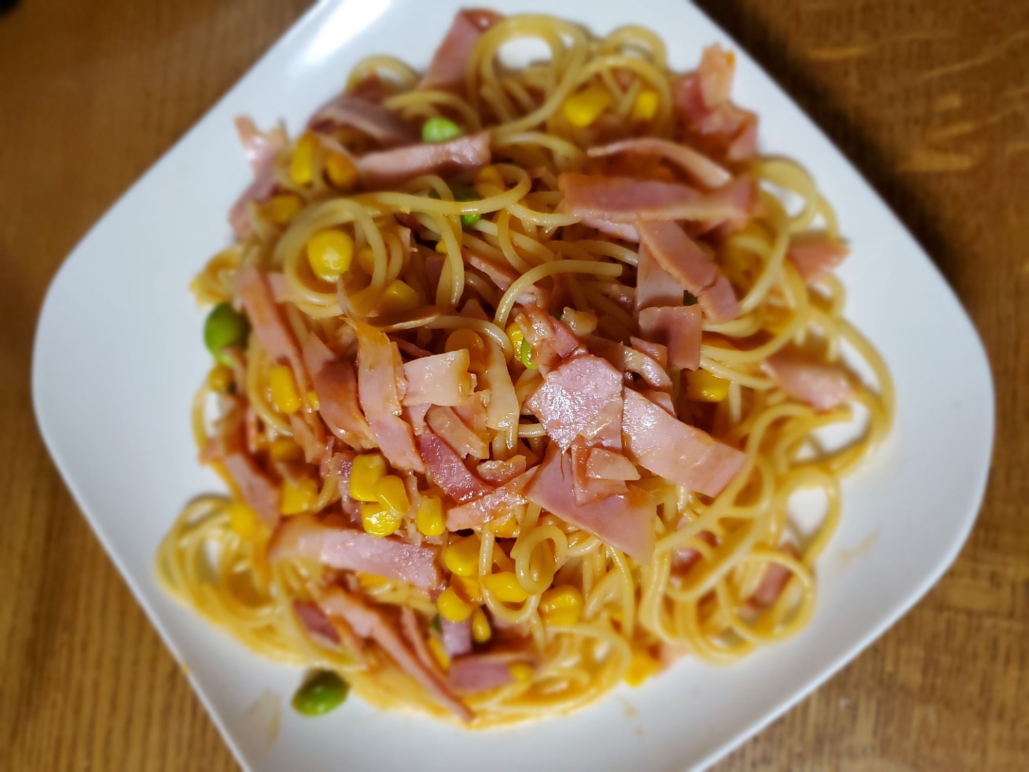 ベーコン&コーン&枝豆のケチャップパスタ