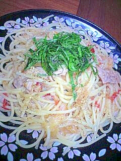 豚肉とキャベツとトマトの和風パスタ