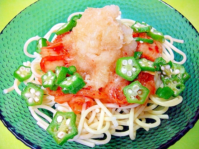 キムチおろし乗せミニ冷製パスタ