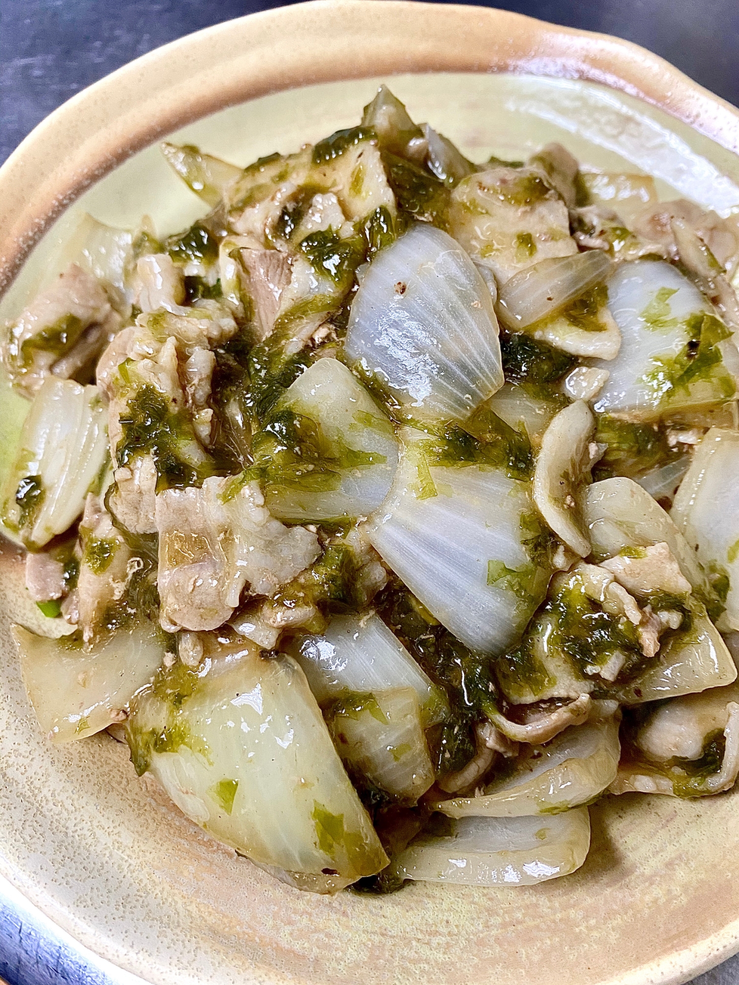 賄い♪豚バラとアオサの生姜焼き風あんかけご飯