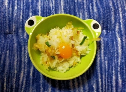 ネギと鰹節と七味（一味でも）入り卵かけご飯