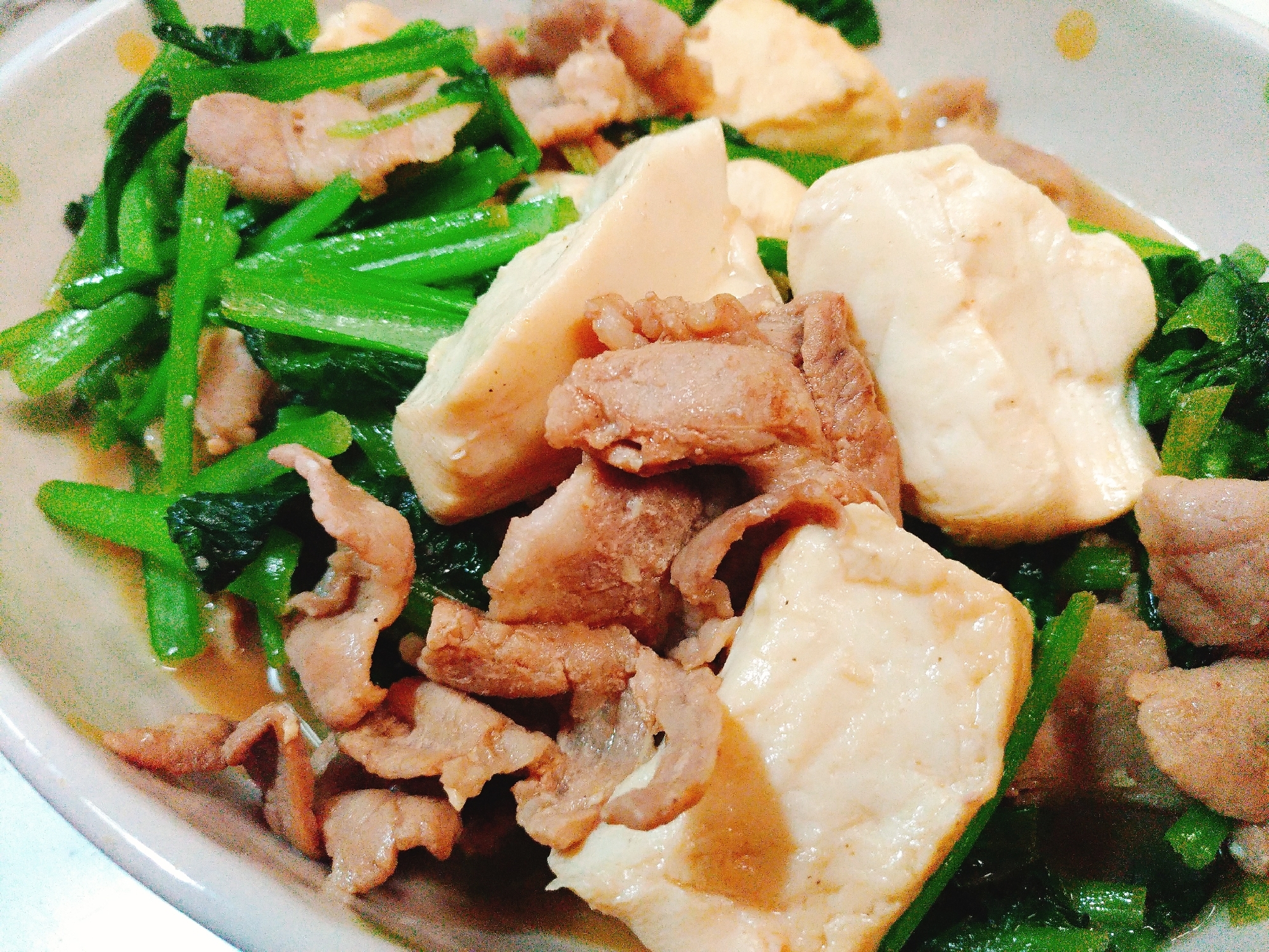 小松菜　豚バラ　豆腐の醤油炒め
