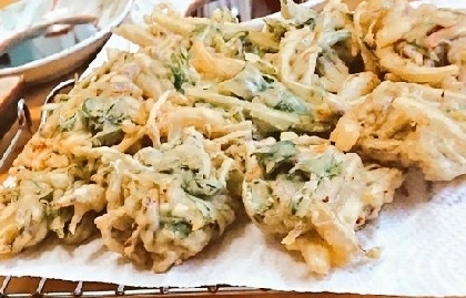 ❤パスタと茗荷と新玉葱と生姜と水菜のかき揚げ❤