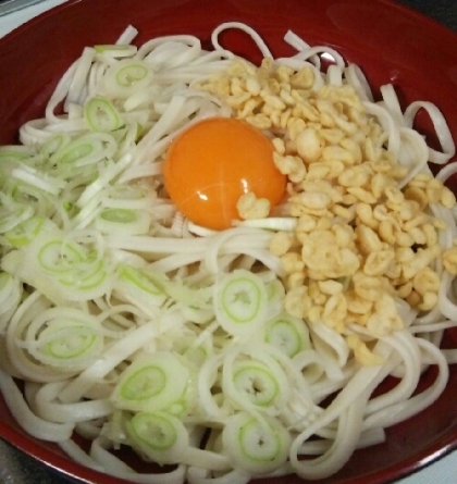 揚げ玉と長ねぎと卵のぶっかけうどん