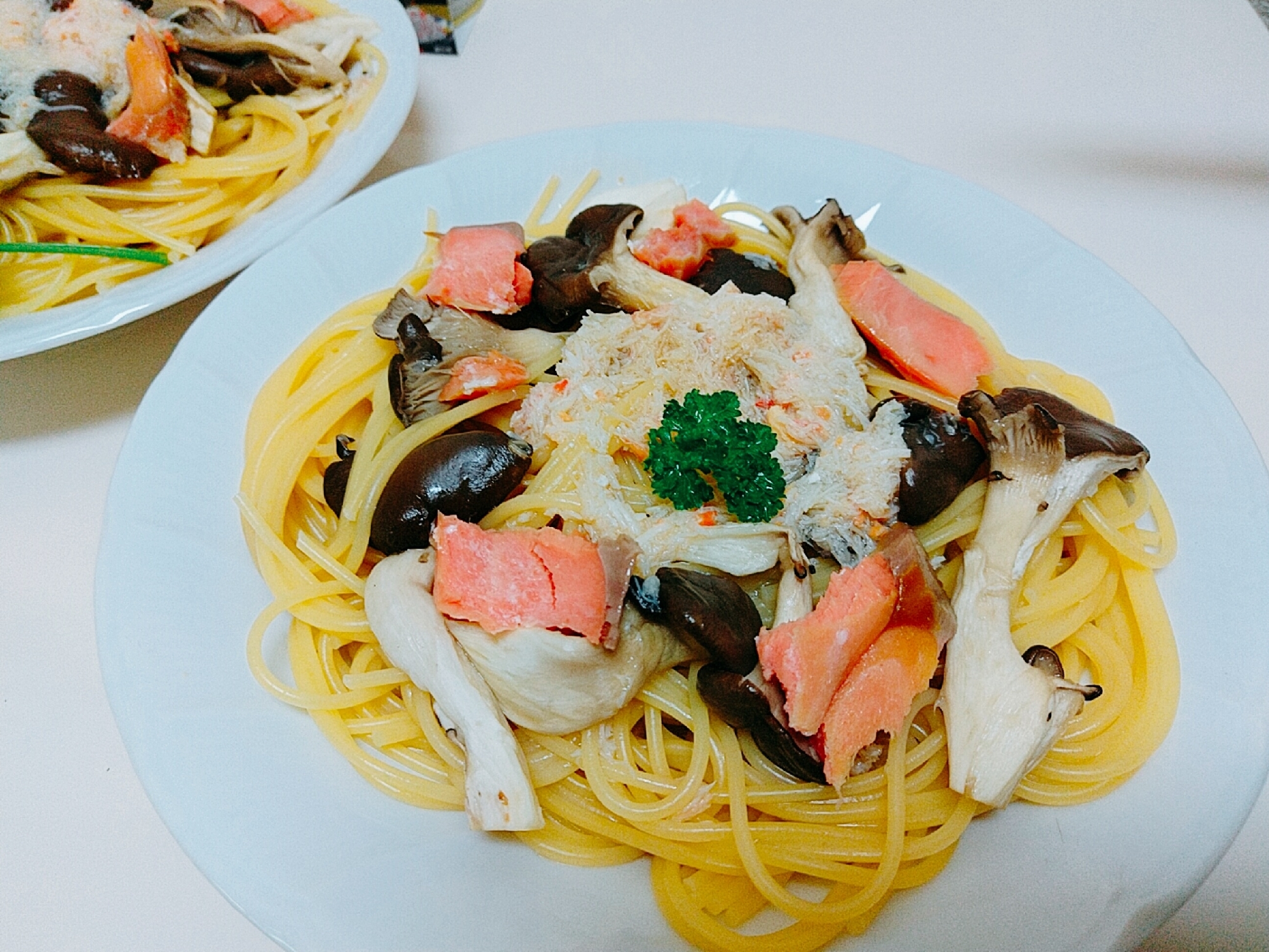 簡単絶品♡蟹と鮭と平茸の和風パスタ