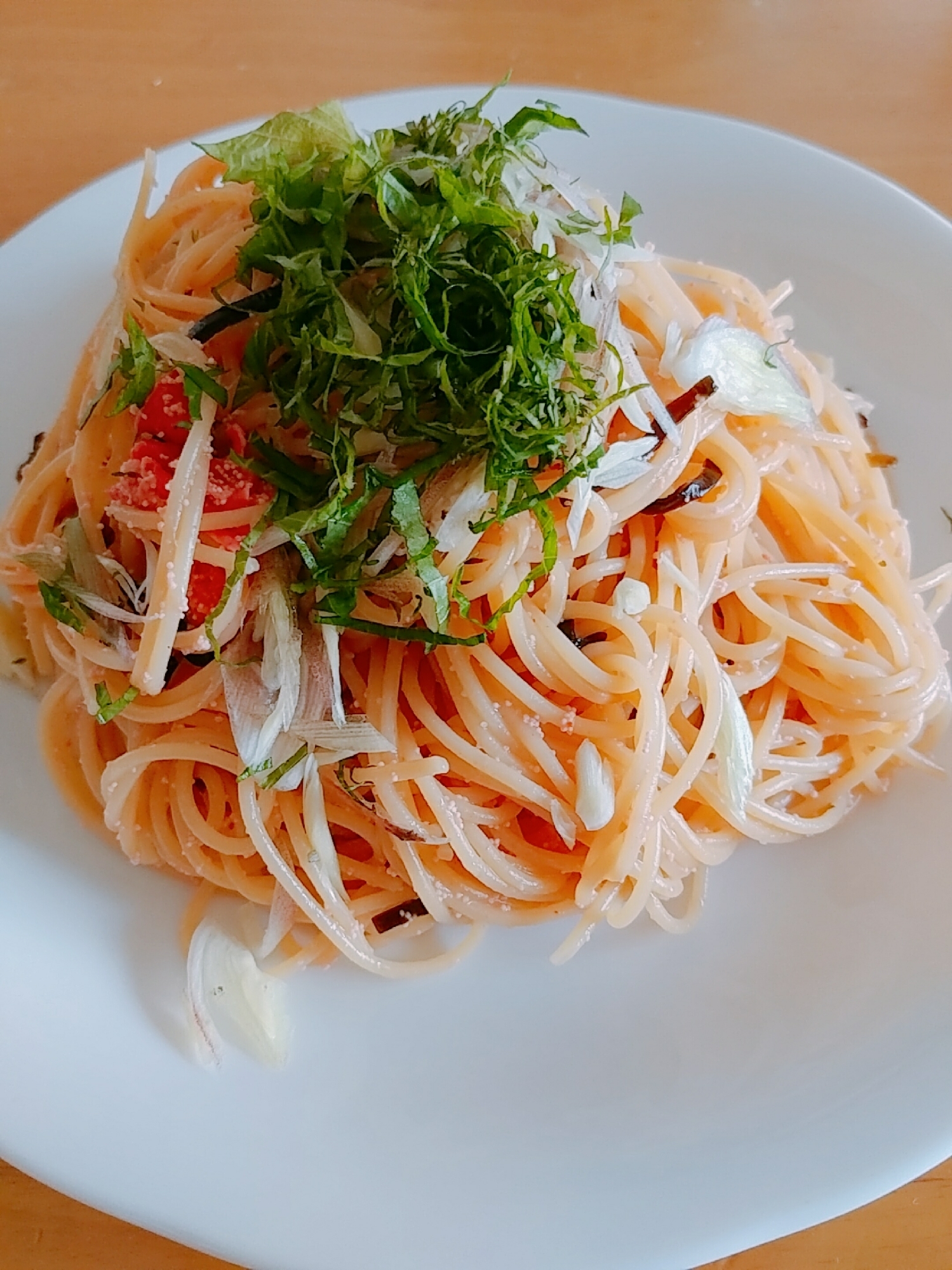 ミョウガ　大葉　塩昆布の和風明太子パスタ