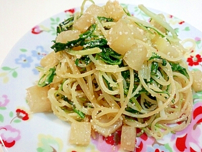 水菜と大根の明太パスタ