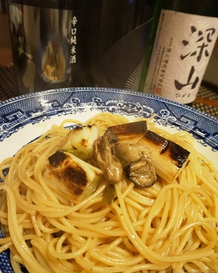 うちバル、燻製牡蠣と焼き葱のスパゲッティーニ