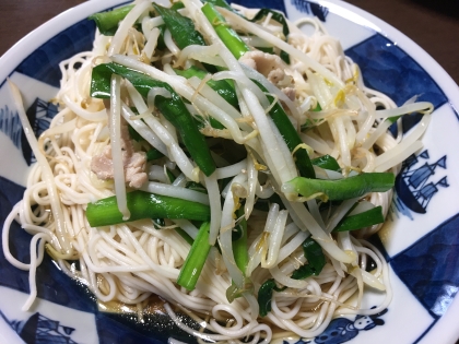 めんつゆ頼り！肉野菜いため冷やし麺