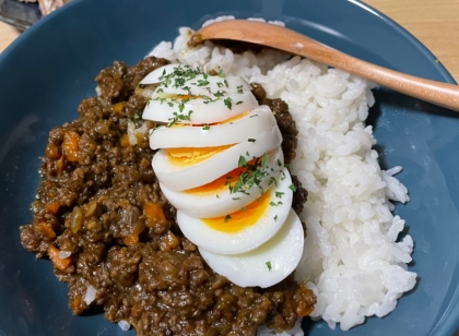 ドライカレー初挑戦でした！自身が油の量を間違えて、こってりめに仕上がったのが心残りすが、、簡単で美味しくできました！