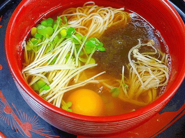 手作りめんつゆで☆　「温か月見そうめん」