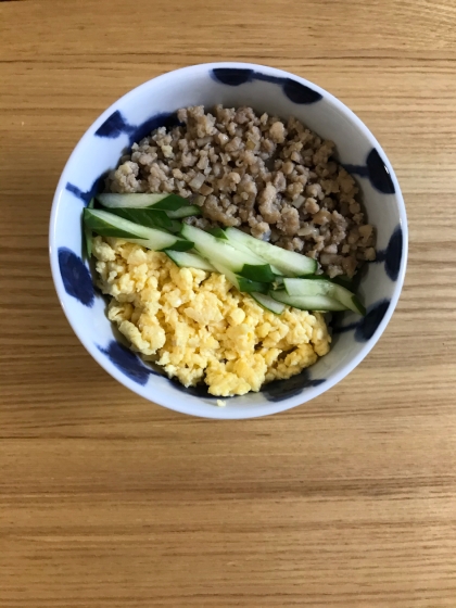 いんげんの代わりに千切りきゅうりです(^^)しっかり味のそぼろに甘めの卵がよく合って美味しかったです＊