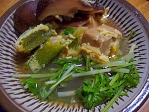 オクラと水菜の干し椎茸高野豆腐