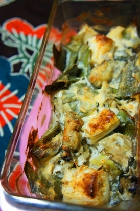 豆腐でヘルシー、下仁田葱と牡蠣の和風グラタン