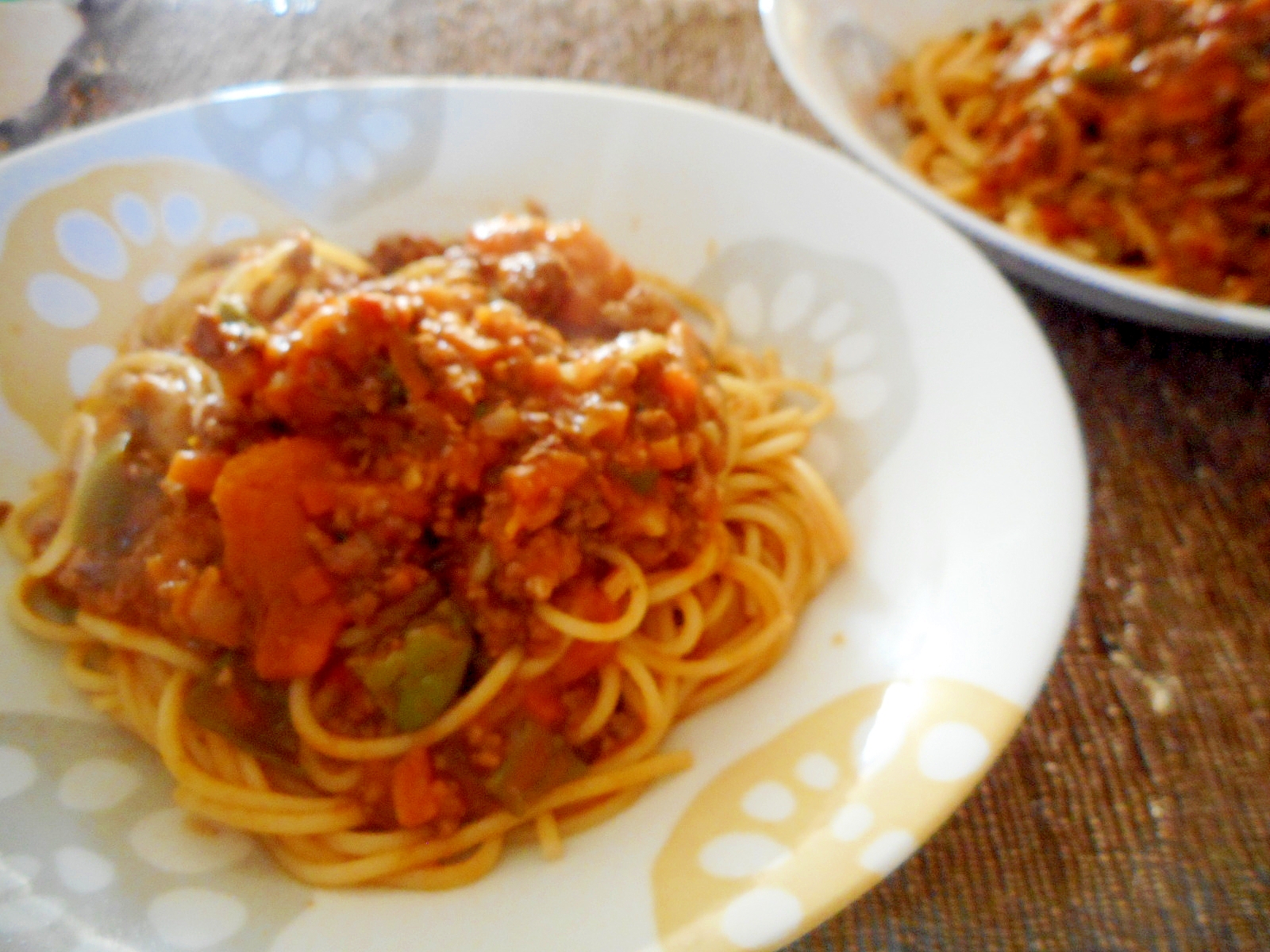 カボチャとマッシュルームのミートソースパスタ