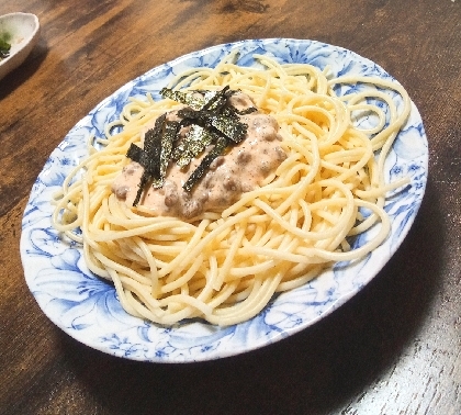 相性抜群♡簡単♡包丁不要♡納豆と明太子のパスタ