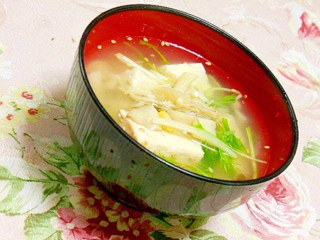 塩麹きのこｄｅ❤豆腐と水菜とコーンのにんにくスープ