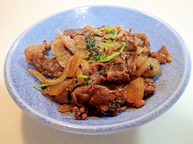 追いがつおつゆで　牛肉・玉ねぎ・豆苗炒め