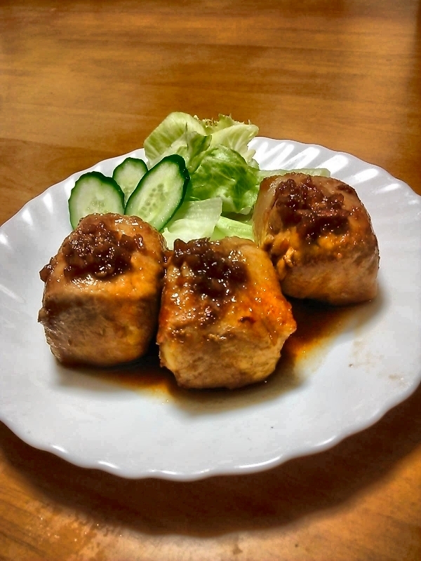 節約♪さっぱり♪肉巻き豆腐の梅照り焼き