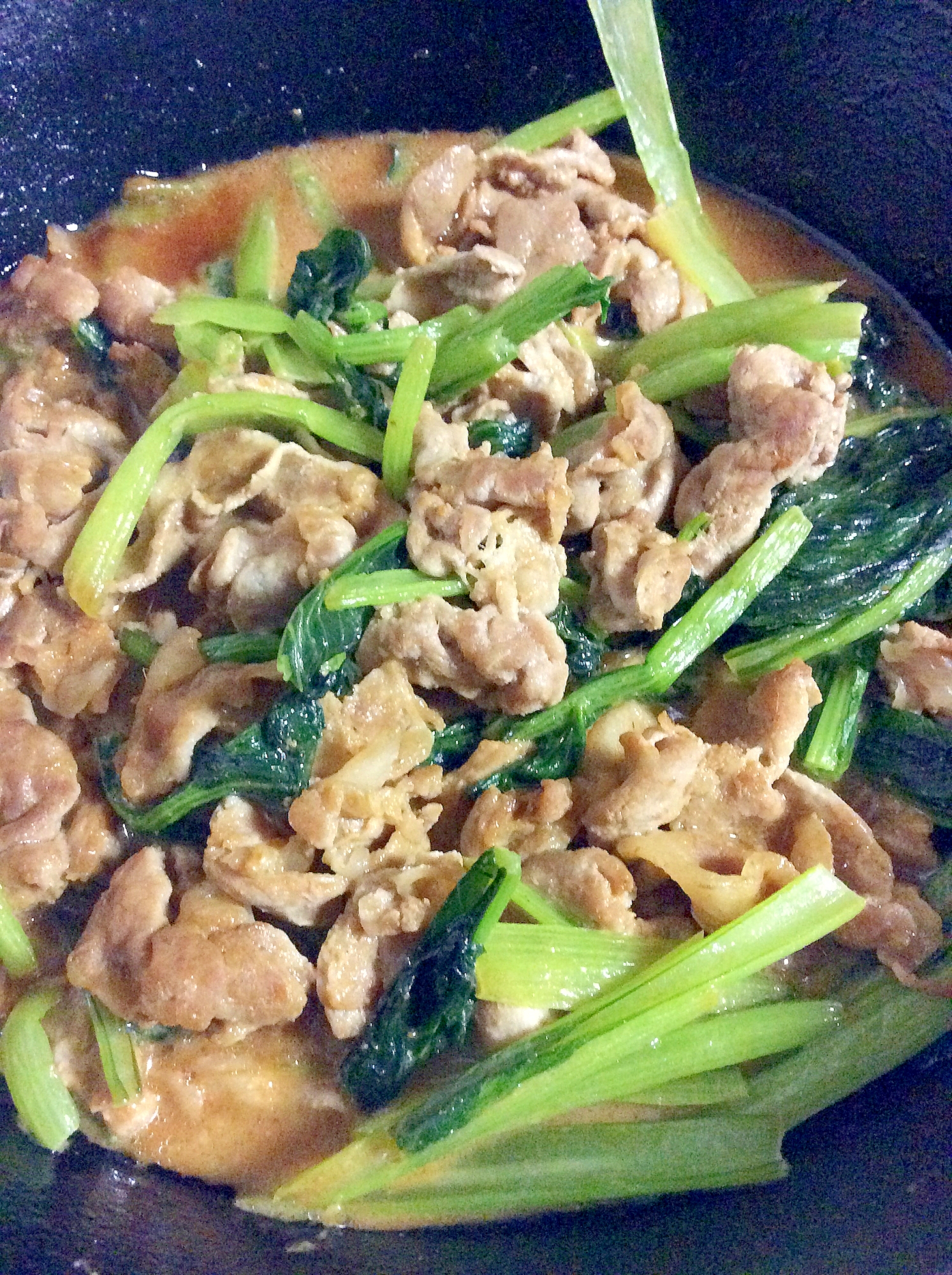 小松菜と豚肉の味噌鍋スープ炒め