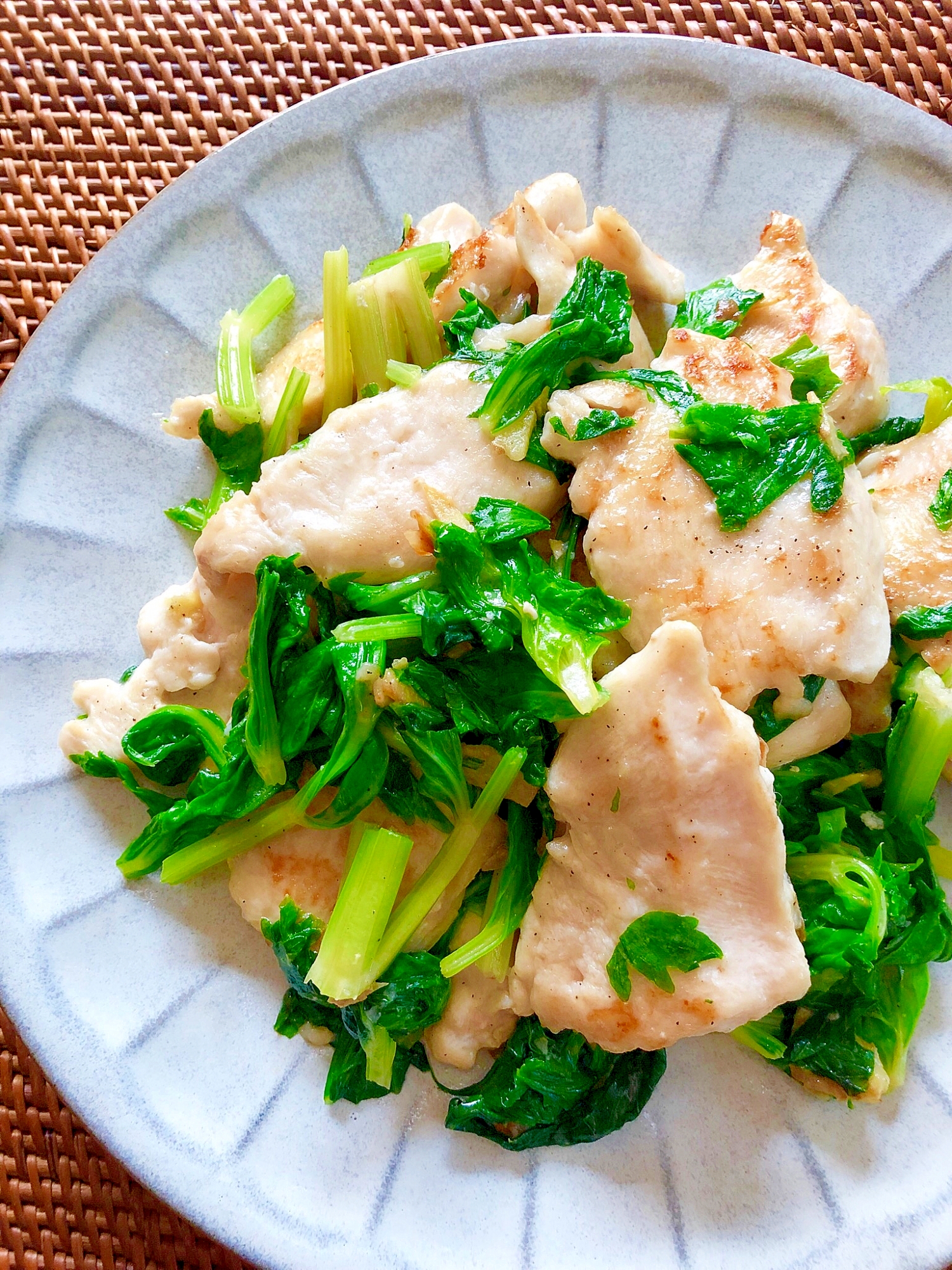 鶏むね肉とセロリの葉の塩炒め