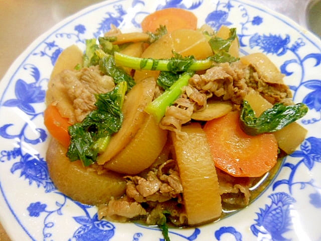 大根、人参、牛蒡の牛肉めんつゆ煮