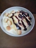 カスタードプリンで（謝）
プリンとヨーグルトに練乳とチョコシロップが、これまたいいネ！
卵ボーロもさくさく美味しくごちさま♡