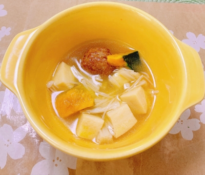 豆腐の芽キャベツえのき菜の花スープかけ