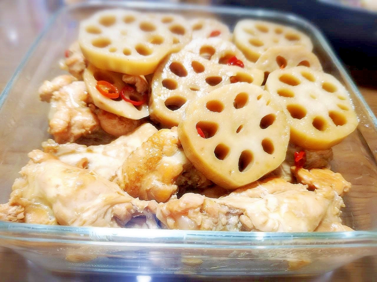 フライパンで簡単！ 手羽元とレンコンの甘辛煮☆