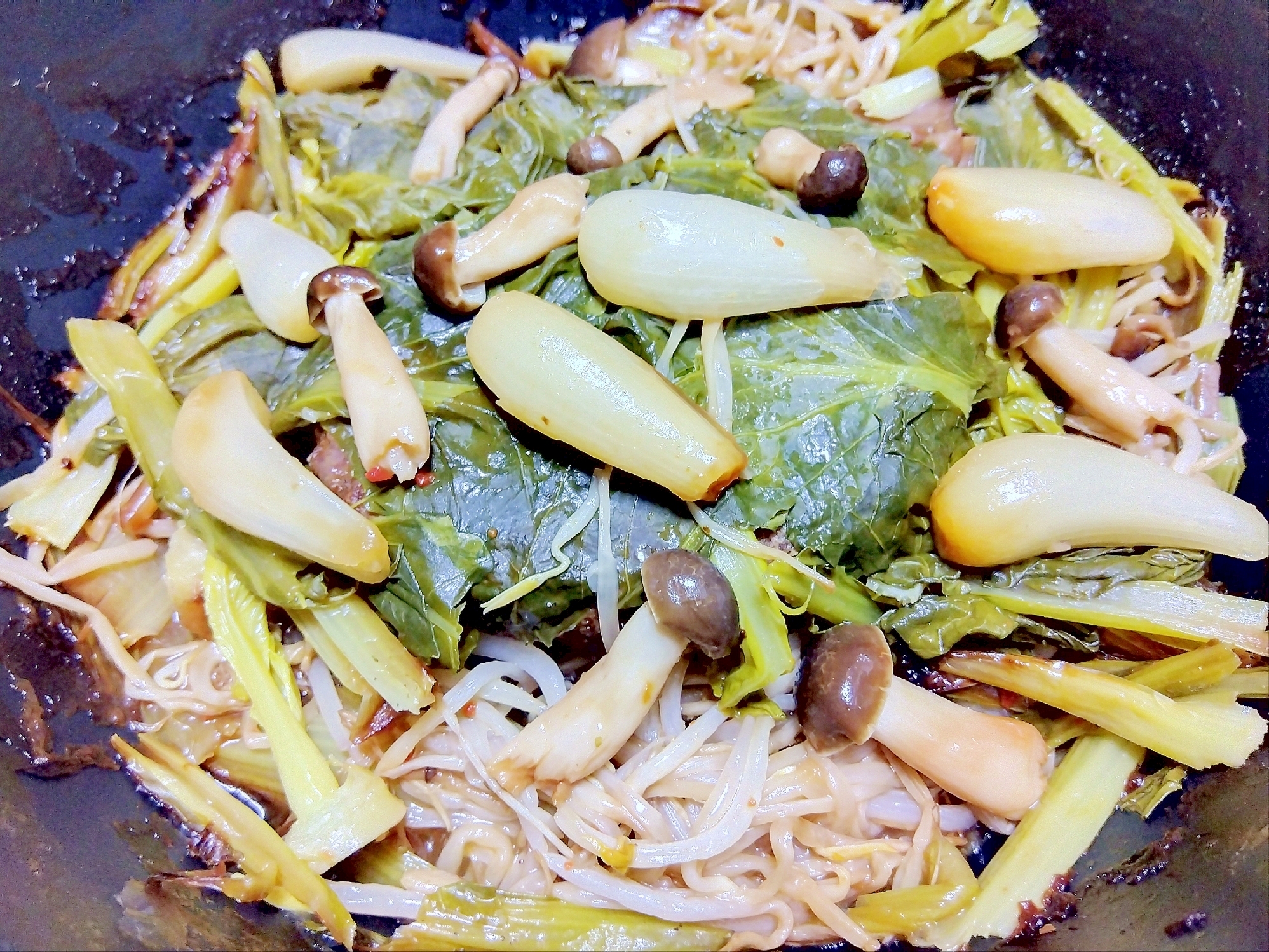 らっきょう小松菜しめじ黒豆もやし蒸し煮