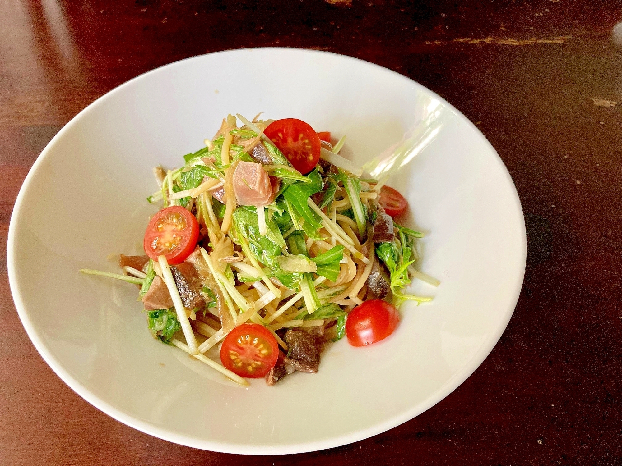 混ぜるだけ簡単！カツオと水菜、みょうがのスパゲティ