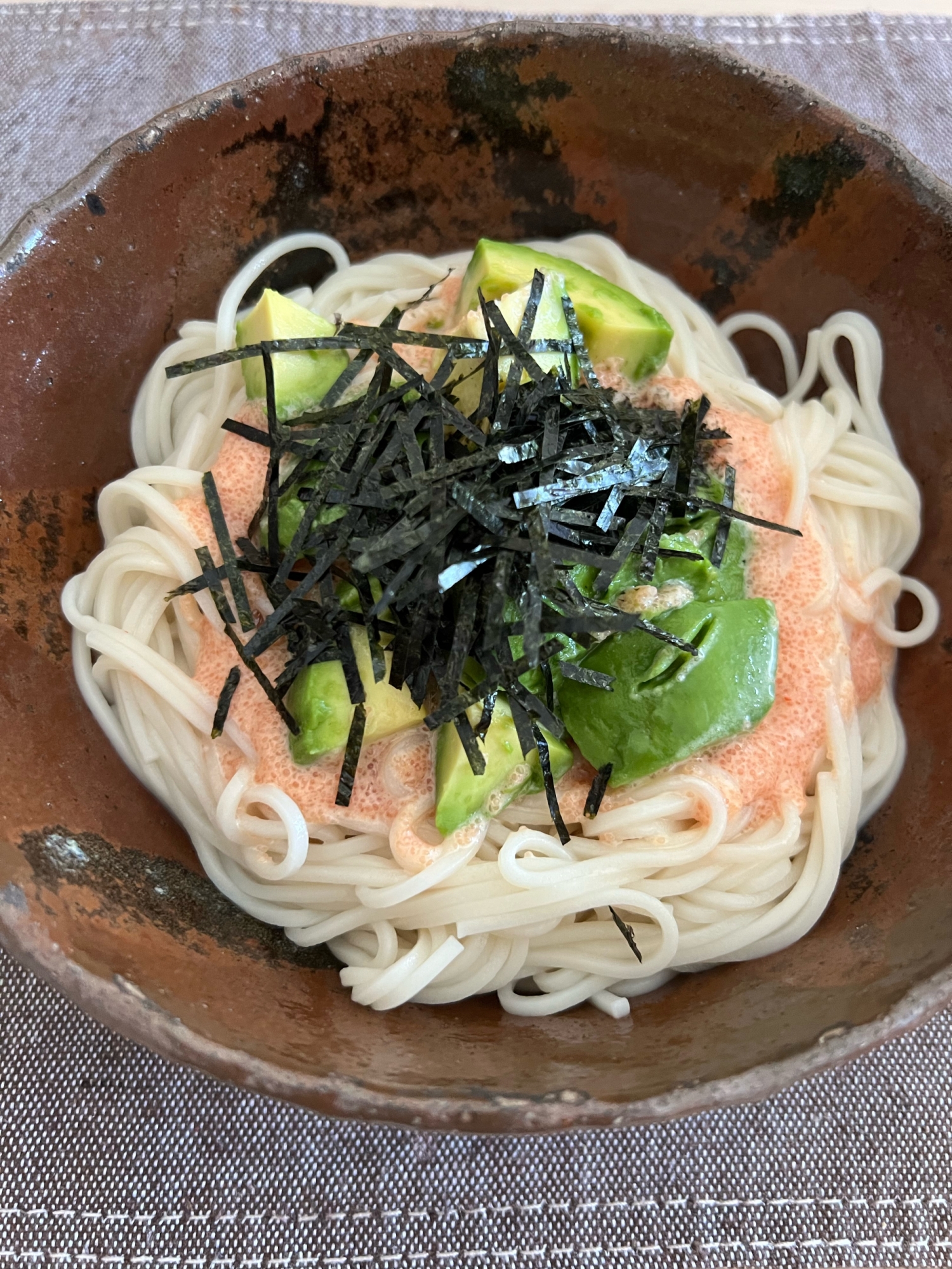 アボカド明太子で♪冷製ひやむぎ