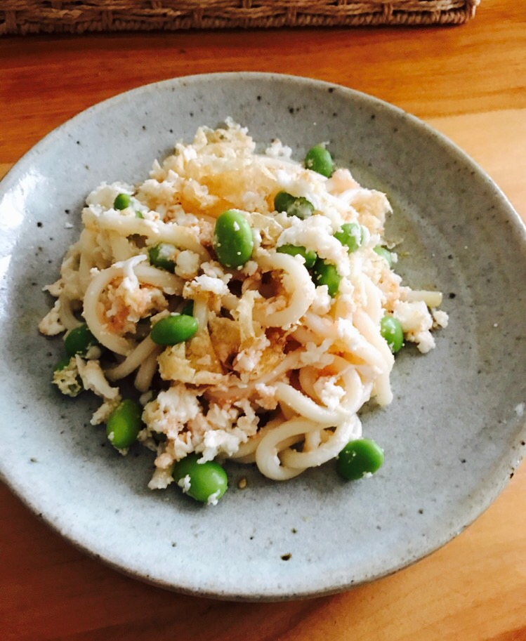 卵白とたらこ、枝豆の焼きうどん