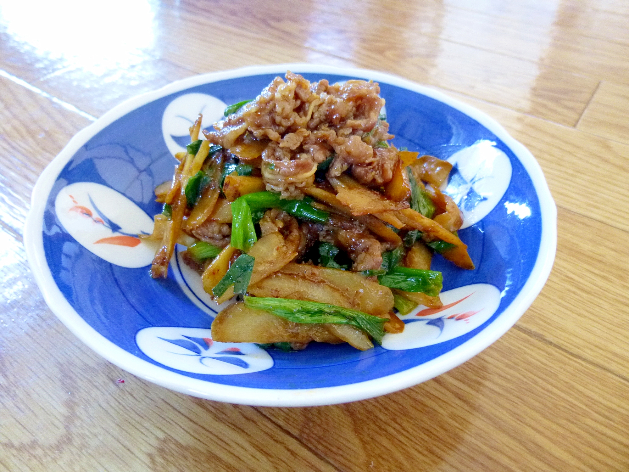 ねぎと牛蒡、牛肉の炒め物