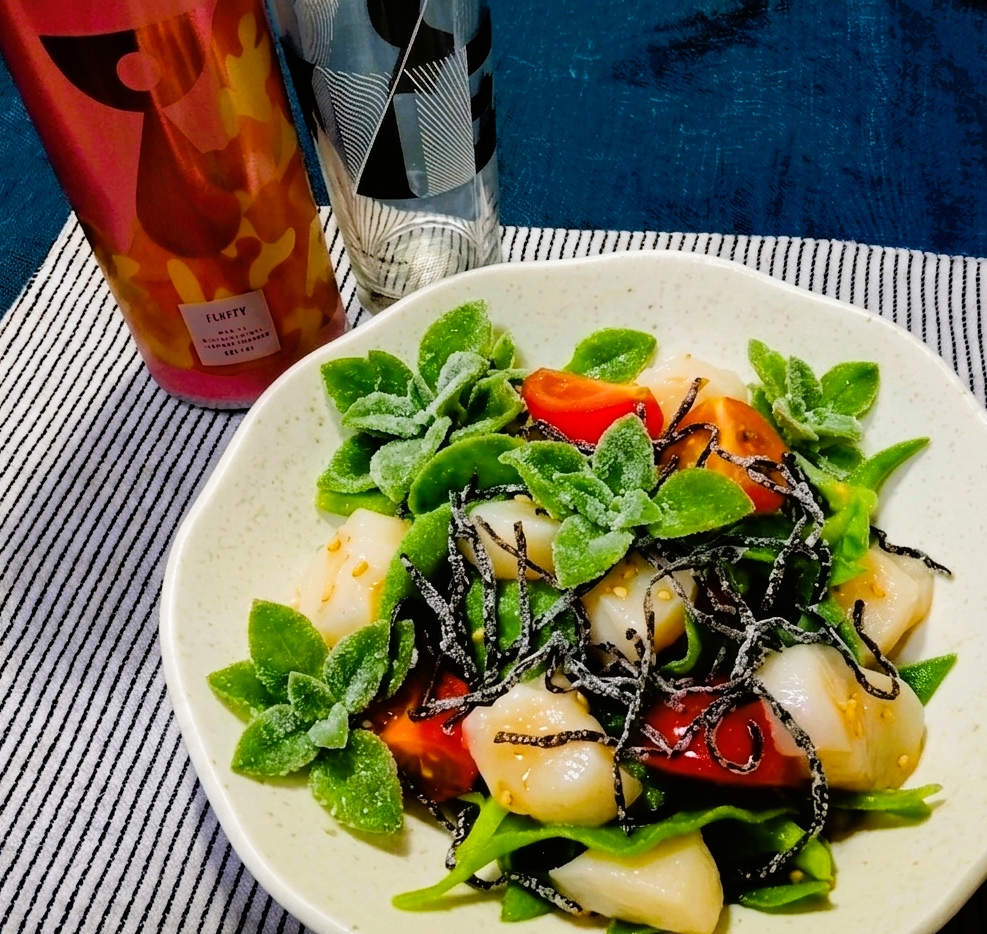 ごま油香る！アイスプラントと帆立のうま塩和え