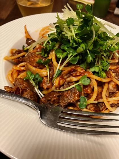 牛ステーキ肉でパスタ！