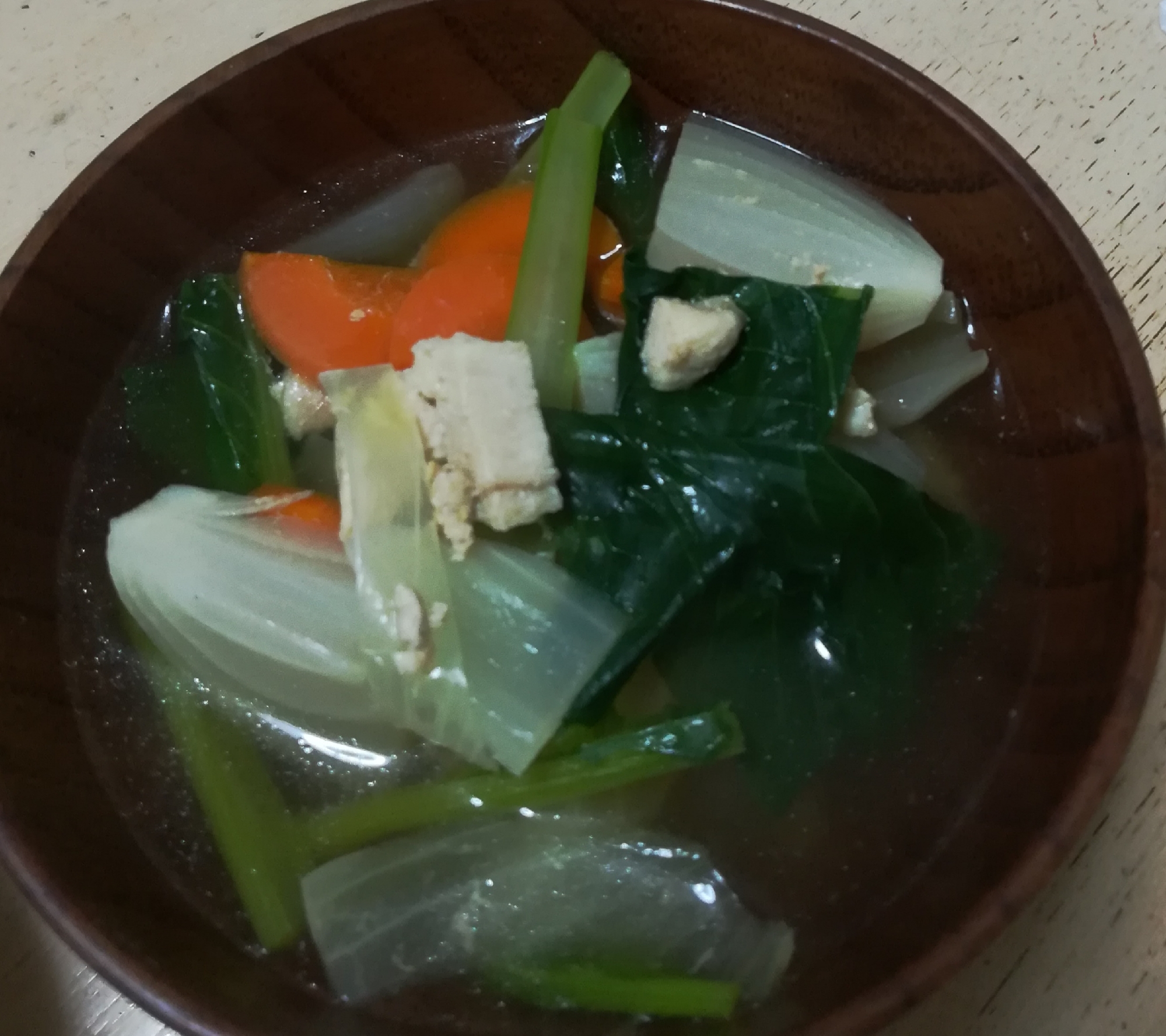 人参、小松菜、チキンのコンソメスープ